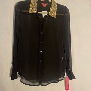 Sunny Leigh Black Sheer Blouse Gold Sequin Collar-Perfect for Christmas Parties